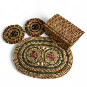 Set/3 woven storage baskets placemats and Vintage Colorful Trivets Fiesta Ready